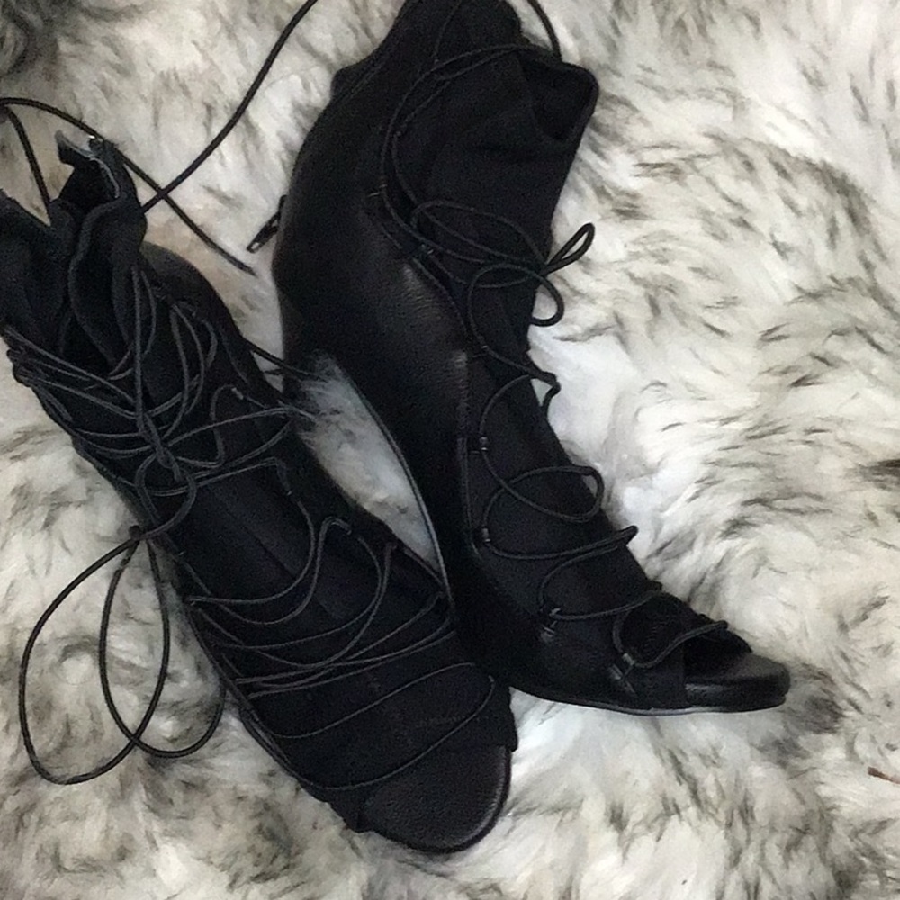 TRENDY black peep toe lace up sock booties